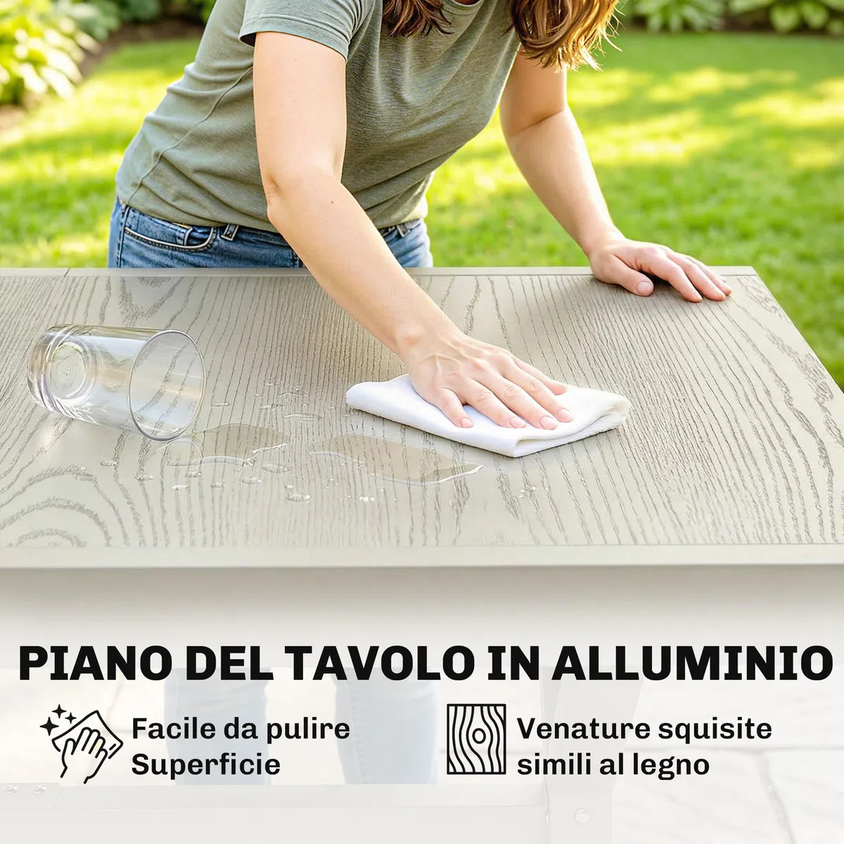 Outsunny Tavolo da Giardino Allungabile per 8-10 Persone 154/214x85cm, Tavolo da Pranzo Estensibile Esterno Alluminio Piano Effetto Legno, Gambe a X Acciaio per Patio Terrazzo Balcone, Grigio Argento