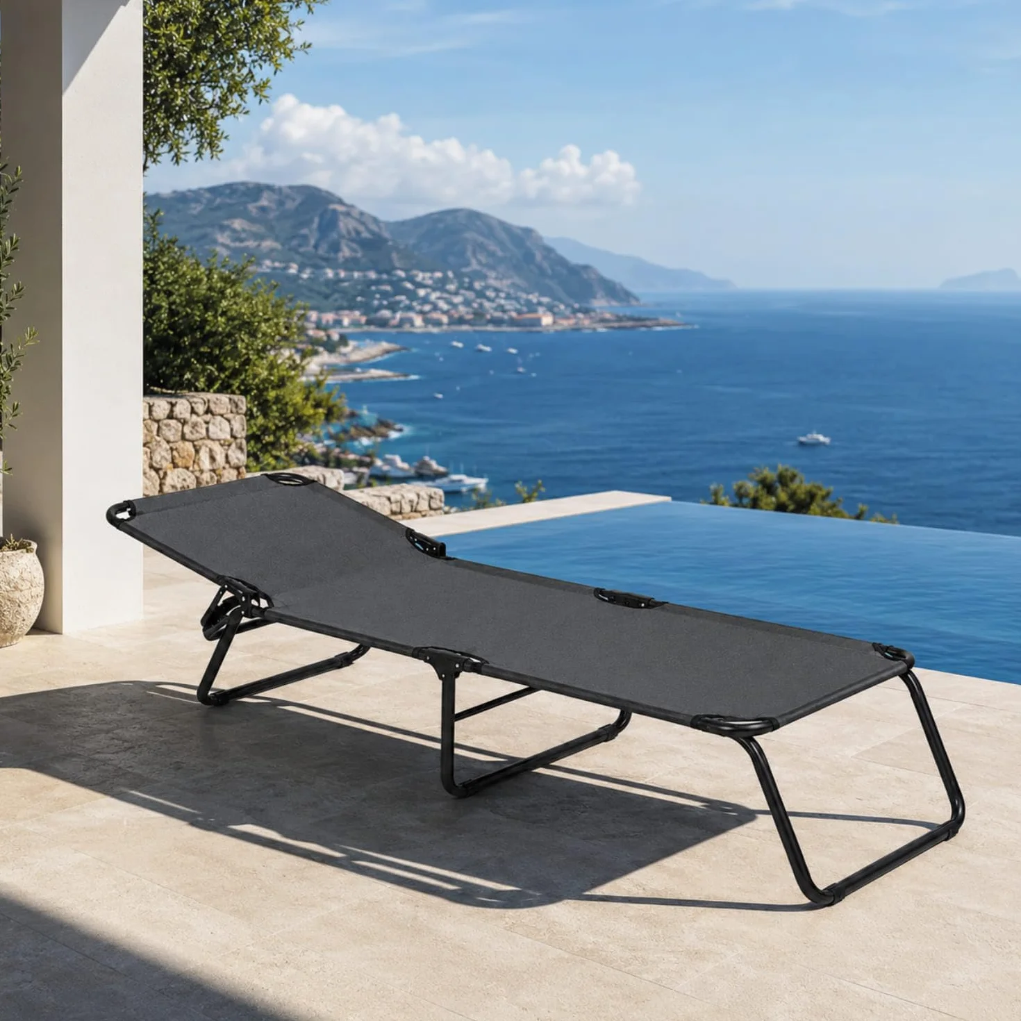 Lettino Pieghevole Prendisole Schienale Reclinabile Struttura Metallo Nero 187x53x24 cm Grigio Scuro