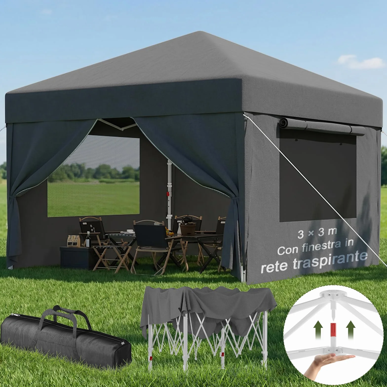 Devoko Gazebo Pieghevole 3x3 Impermeabile Stabile Invernale con Finestra a Rete Aerata, Protezione UV 50+, Tenda da Giardino Campeggio Grigio