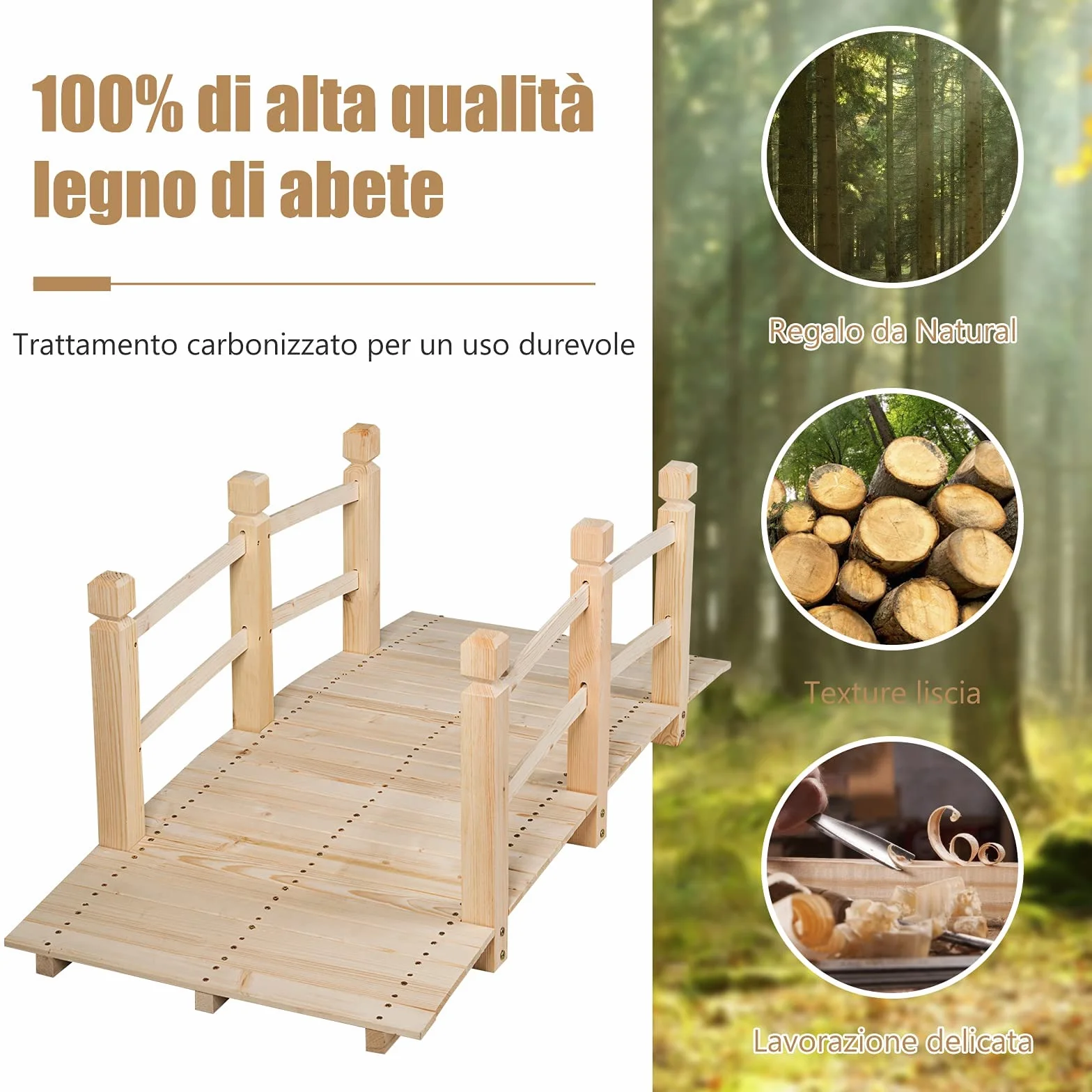 GYMAX Ponte da Giardino in Legno Lungo 150cm，Ponte Paesaggio Antico, Decorazione per Esterno (Naturale)