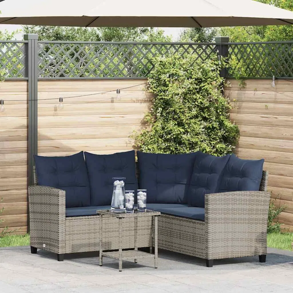 vidaXL Divano da Giardino con Tavolo e Cuscini a L Grigio Polyrattan, Divano da Esterno, Divano da Esterno a L, Divano angolare da Giardino