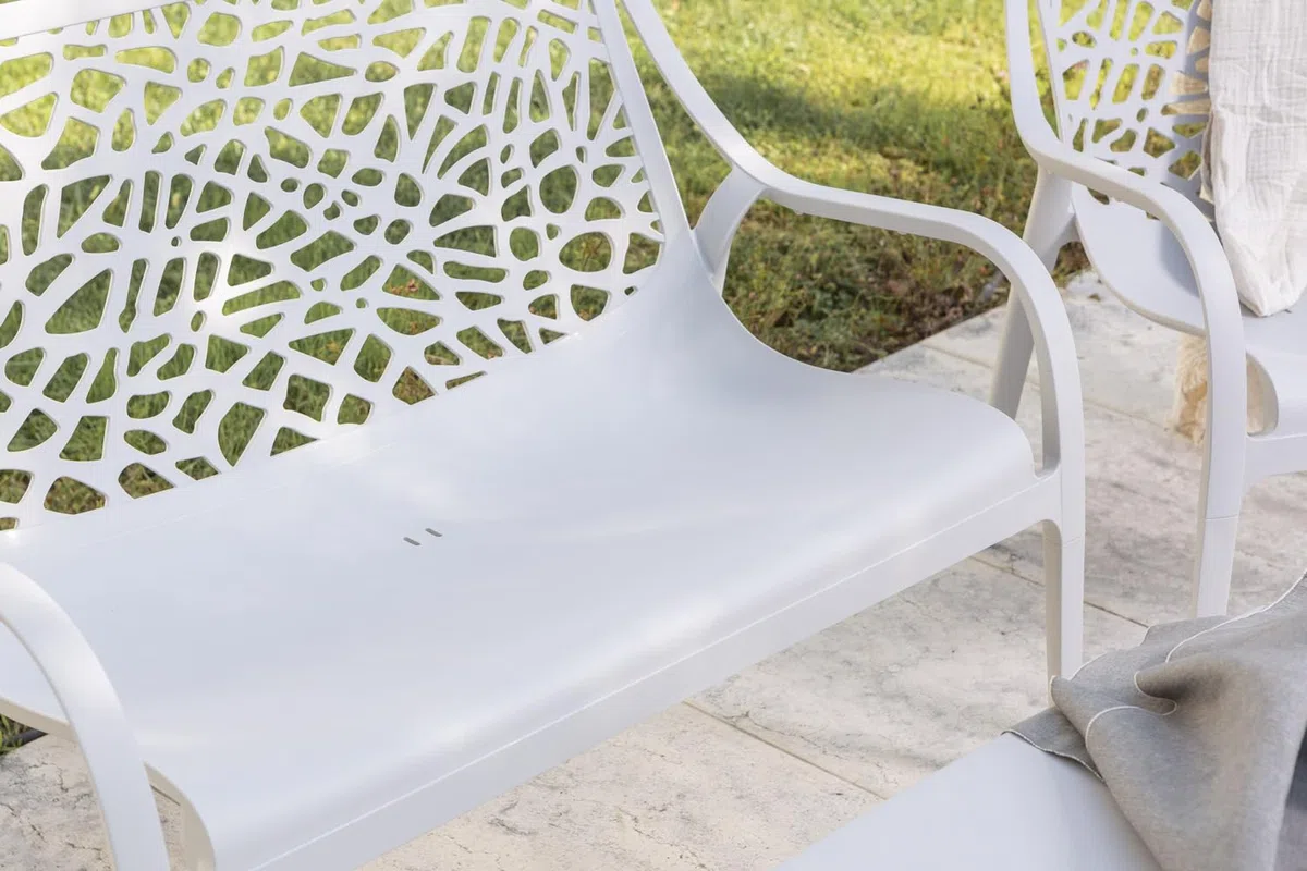Set Maratea Salotto da giardino polipropilene fibra di vetro 4 posti Divano due posti 2 Poltrone Tavolino impermeabile impilabile Grigio Chiaro