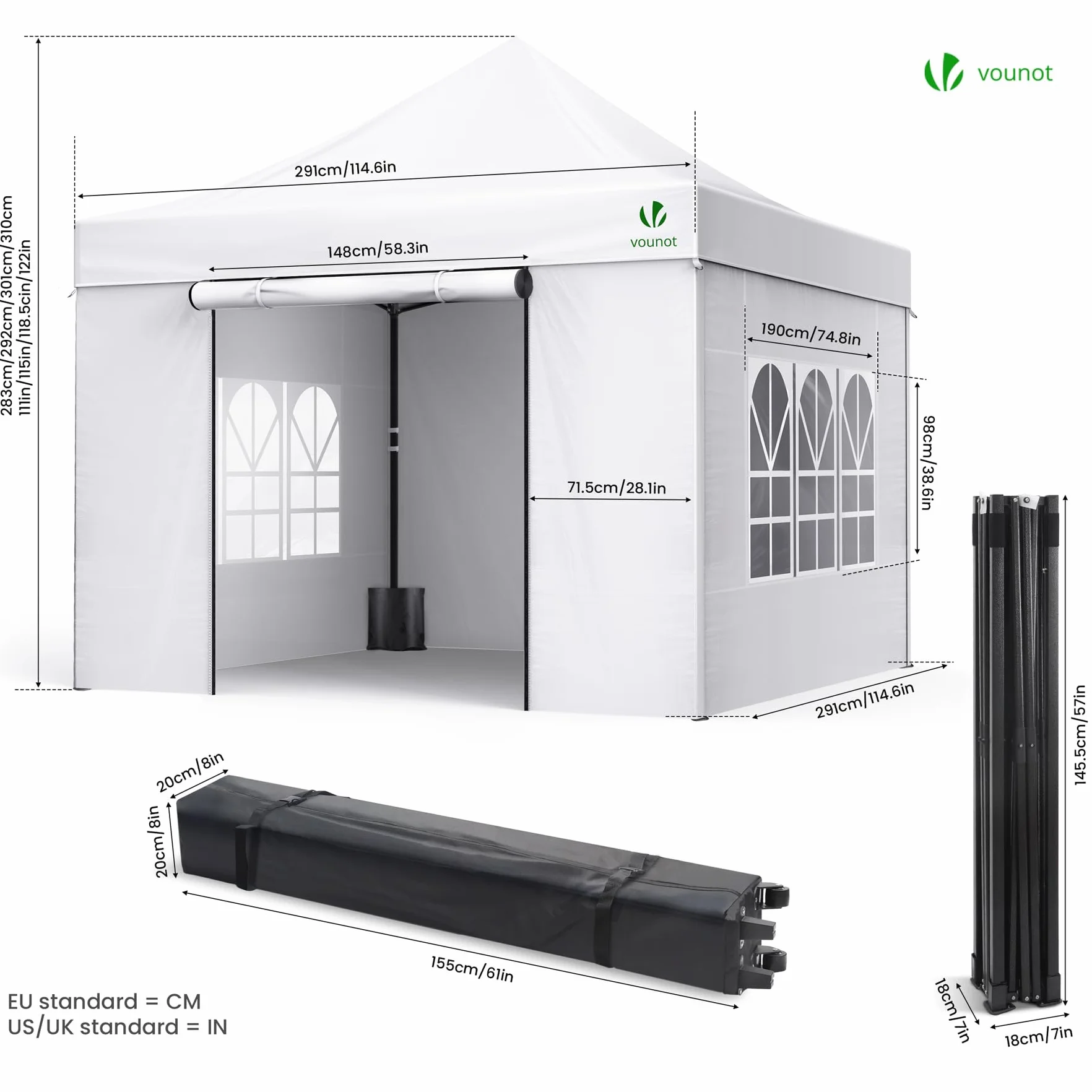 VOUNOT® Gazebo 3x3m Pieghevole con 4 Parti Laterali, Bianco