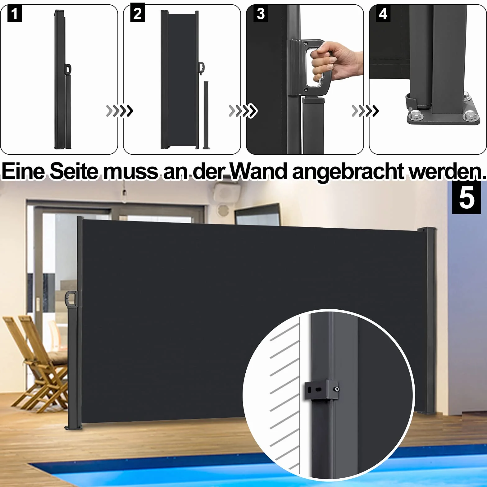 Tende da Sole Paravento Laterale Frangivento Estensibile Protezione Privacy per Terrazza 180 x 300 cm Antracite