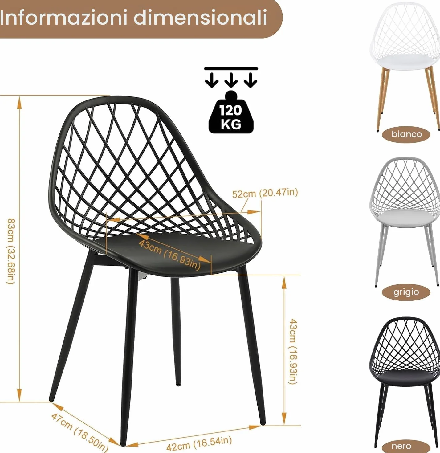 Sedie da Esterno, Set di 6, Schienale in Plastica Traforato, Piedi in Metallo, Polipropilene, Nero