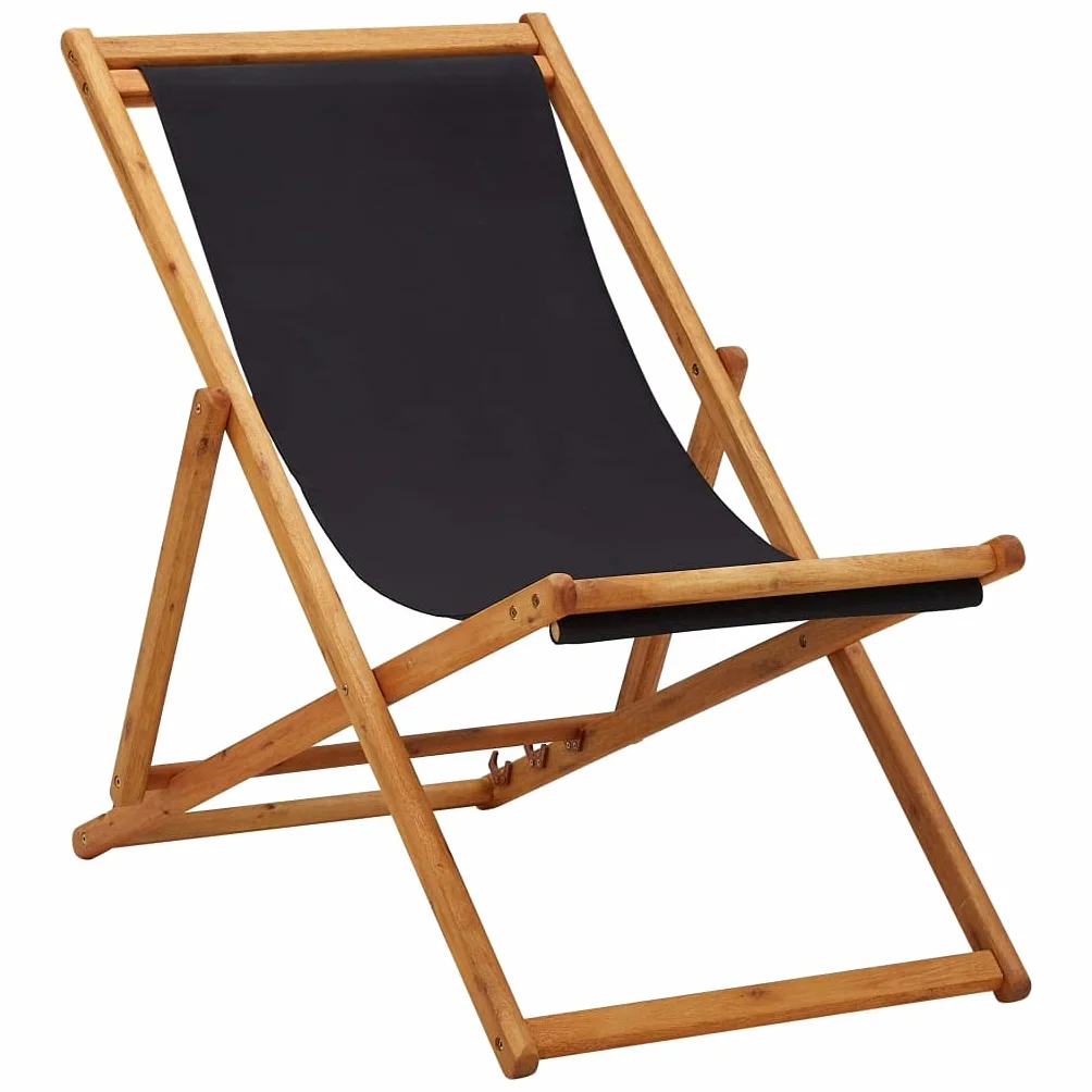 vidaXL Sedia pieghevole da spiaggia in legno di eucalipto e tessuto, colore: nero