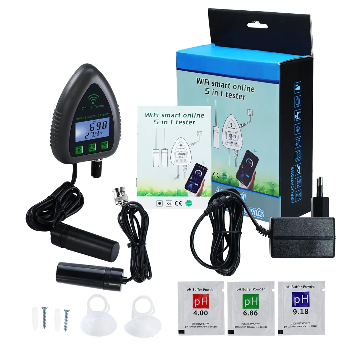 Monitor Di pH Online App Con Wifi, Tester Qualità Dell'Acqua TDS/Sale/S.G/Temperatura/Misuratore Di pH, Per Acquario Idroponica Piscina