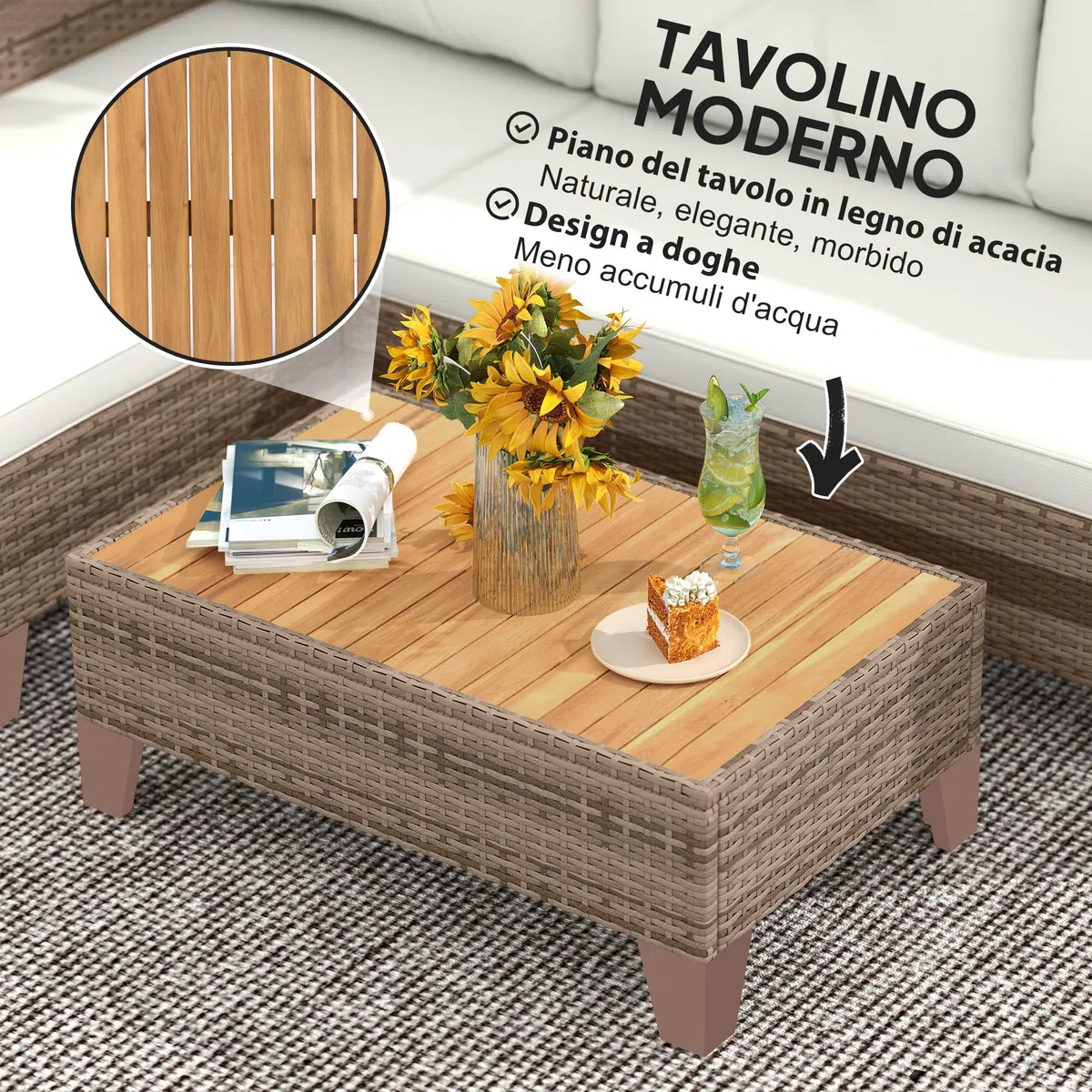 Outsunny Set di Mobili da Giardino in Rattan 3 Pezzi, Salotto da Esterno con Divano a 2 Posti, Chaise Longue, Tavolino da Caffè in Vetro e Cuscini Lavabili, Struttura in Acciaio, Cachi/Crema