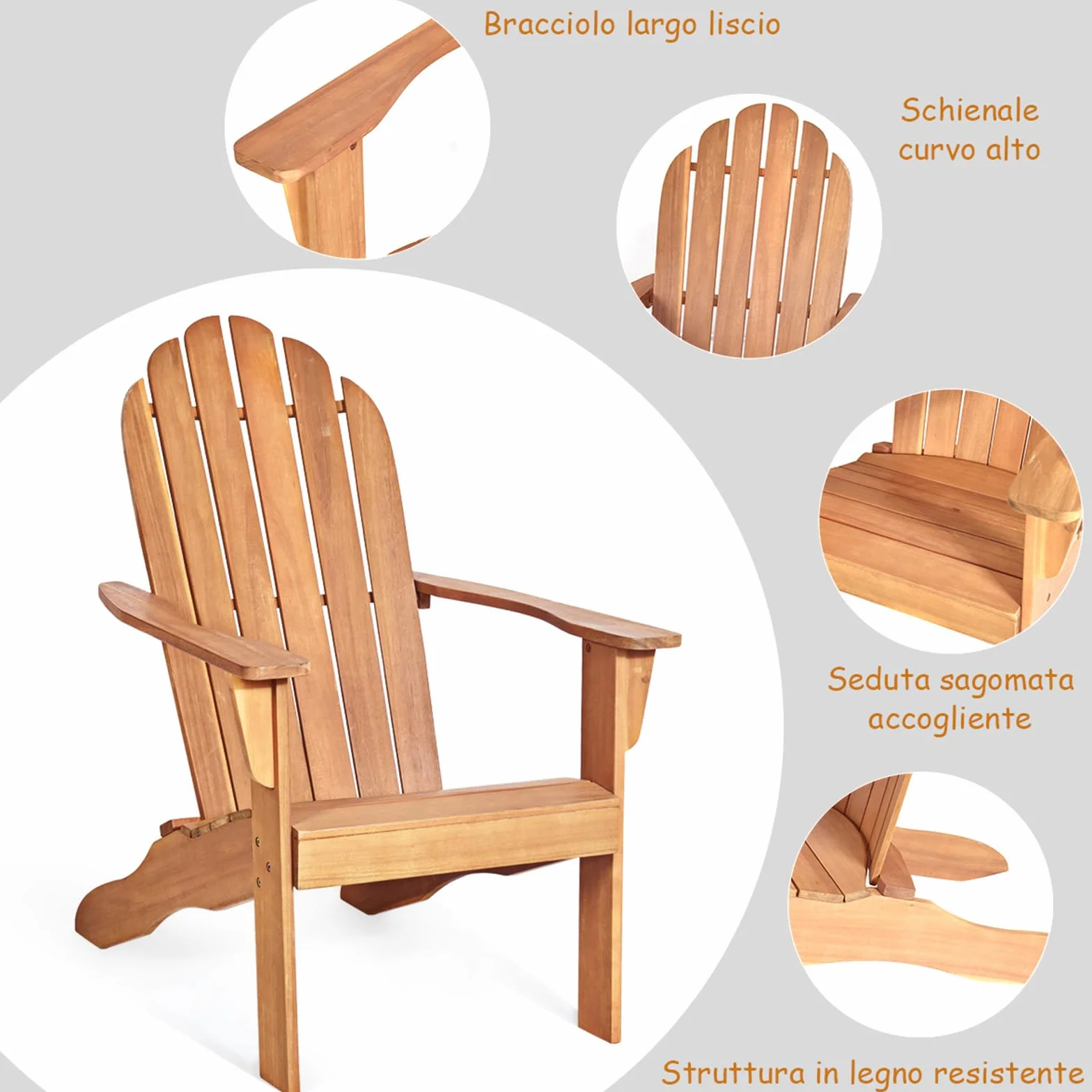 COSTWAY Adirondack-Sedia Giardino in Legno, Poltrona Esterno con Schienale Alta, Sedia a Sdraio Prendisole per Spiaggia Cortile Balcone, Portata 160 kg (Naturale, 69 x 88 x 103 cm)