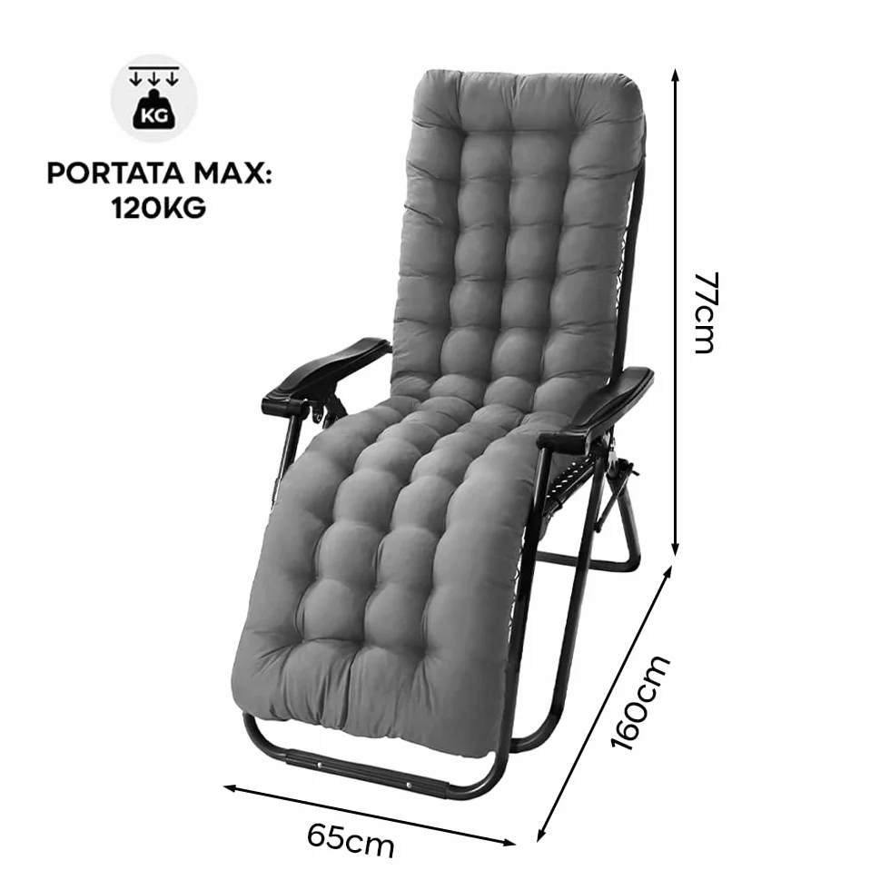 Mediawave Store - Sedia Sdraio Gravità Zero, Sedia Pieghevole con Cuscino Imbottito, Sedia con Schienale Reclinabile, Sedia Giardino, Acciaio, Textilene, Richiudibile, Sedia Gravity (1, Grigio)