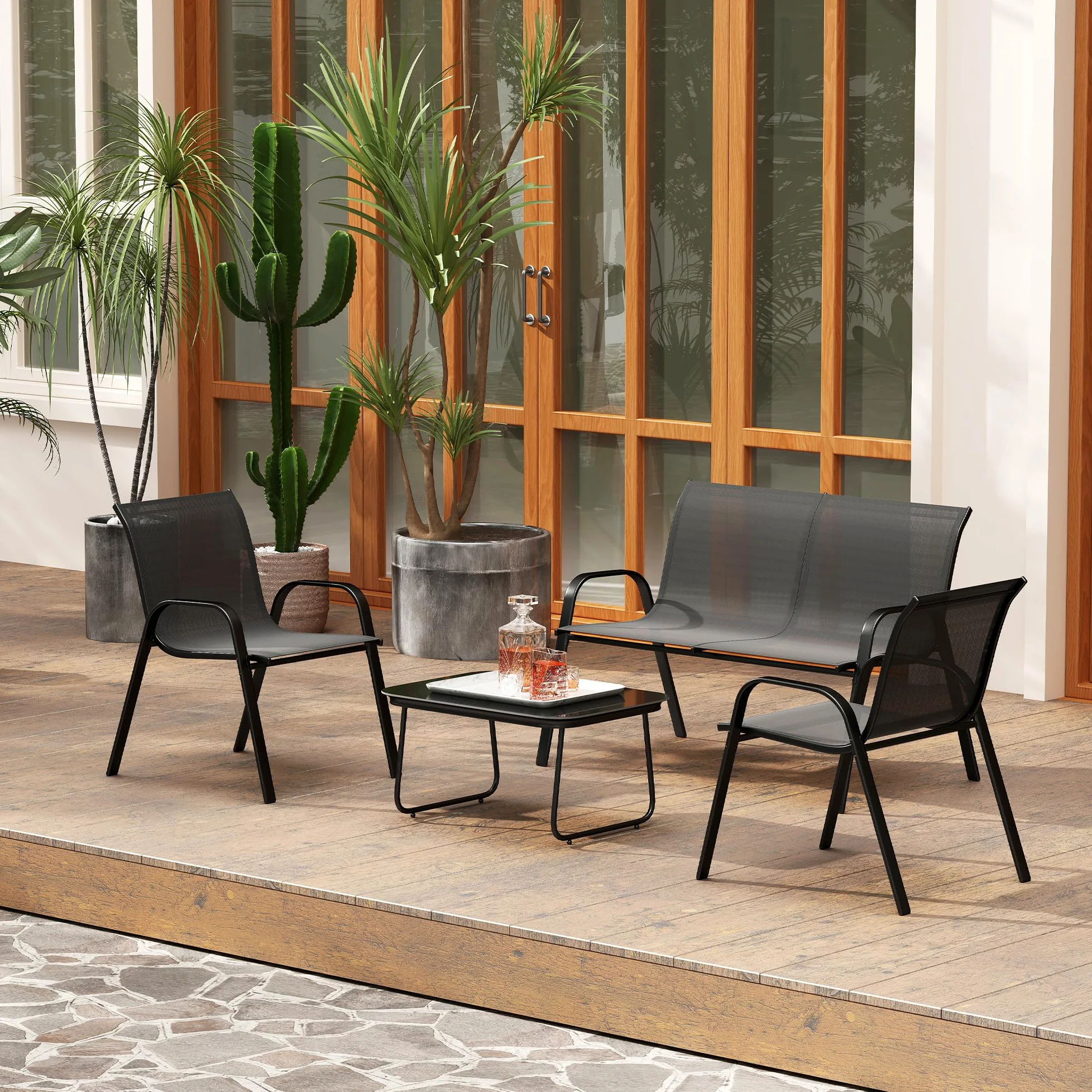 Outsunny Set Salotto da Giardino 4 Pezzi, Divanetto 2 Posti, 2 Sedie Impilabili, Tavolo Caffè Vetro, Acciaio, Texteline Nero