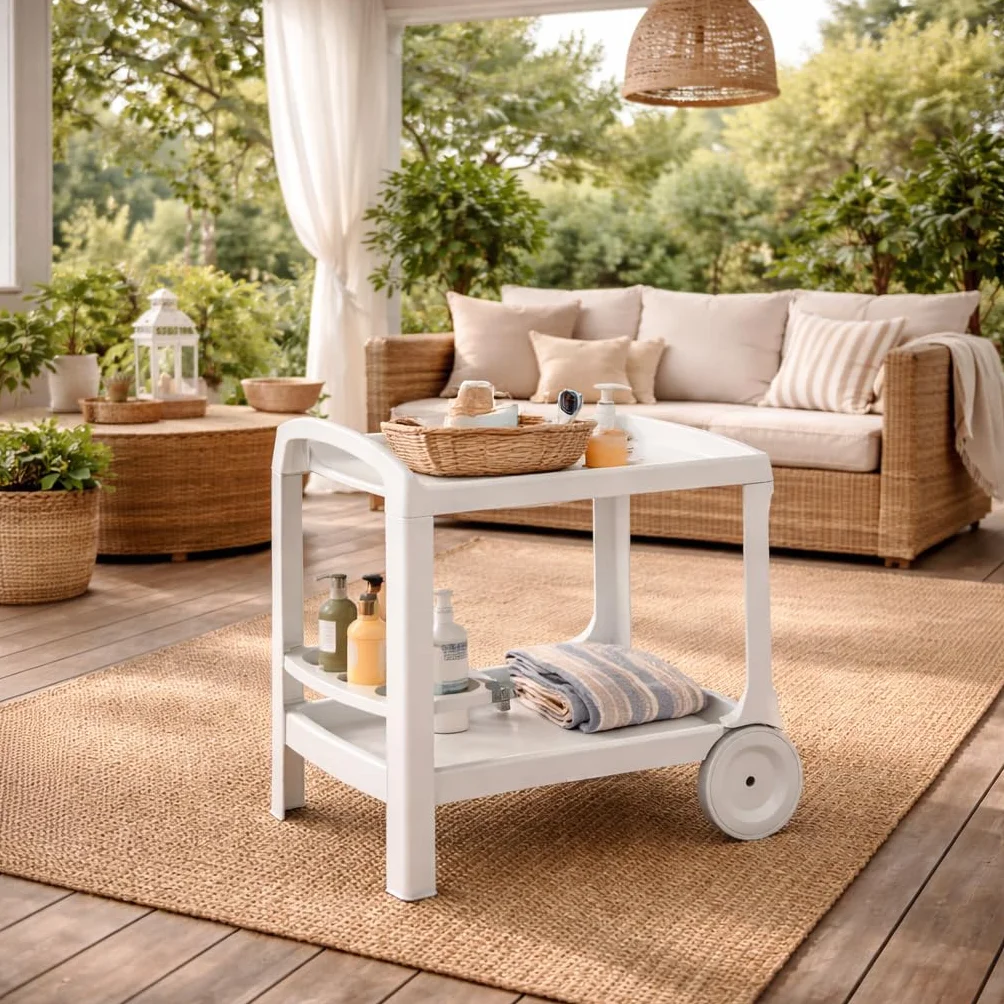 Carrello Multiuso in Plastica Bianco con Ripiani Portavivande Portabottiglie per Cucina Casa Esterno