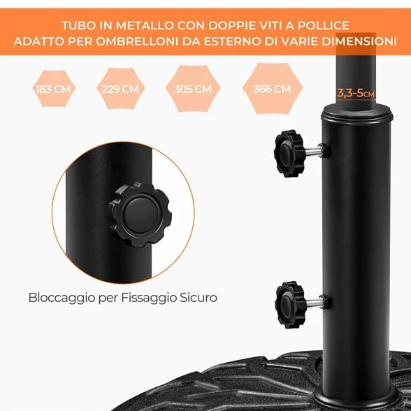 Yaheetech Base per Ombrellone da Giardino 24,7 kg in Resina e Metallo con 4 Ruote e Freni per Pali da Ø34/38/48mm con 2 Manopole Cortile Piscina Esterno Nero