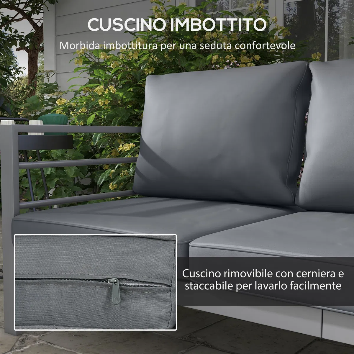Outsunny Divano da Giardino 3 Posti in Alluminio con Cuscini per Seduta e Schienale, Divano Moderno, 185x66x64 cm, Grigio