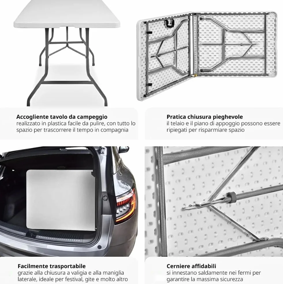 PALUPLUS Tavolo Catering Rettangolare a Valigetta Bianco 180x71x74 cm Tavolo Pieghevole Resina Metallo