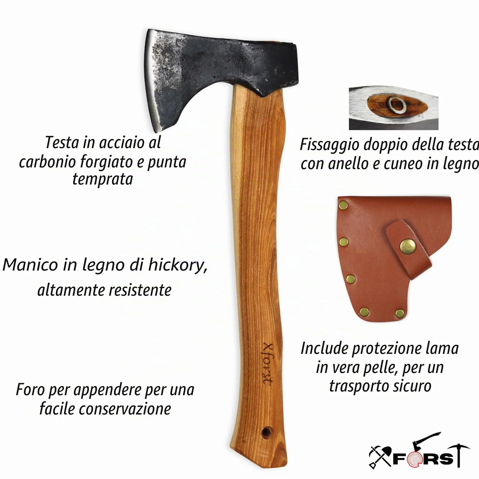 Xforst Ascia Accetta vichinga, scure da sopravvivenza con fodero in pelle, Acciaio al carbonio forgiato, manico in legno di noce americano, modello X-TA5B