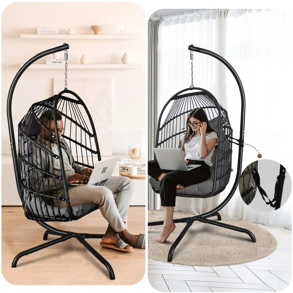 Sedia a uovo con supporto ultra robusto e cuscino Sedia sospesa Sedia a dondolo in vimini Rattan Sedia a sdraio per interni ed esterni Capacità 150 kg Balcone Portico Camera da letto Giardino