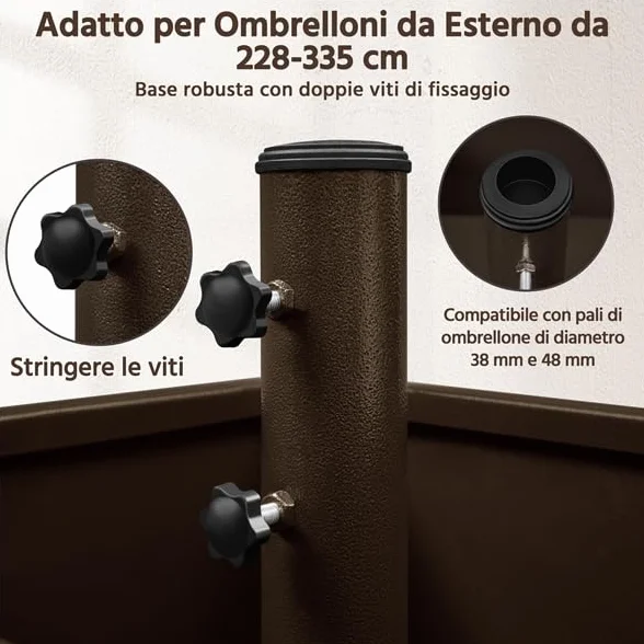 Yaheetech Base per Ombrellone con Ruote 2 Freni Riempibile e Piantabile con Sabbia o Pietre 150 kg per Pali da Ø38mm e Ø48mm con 13 Fori di Scarico Cortile Terrazza Giardino Esterno Marrone