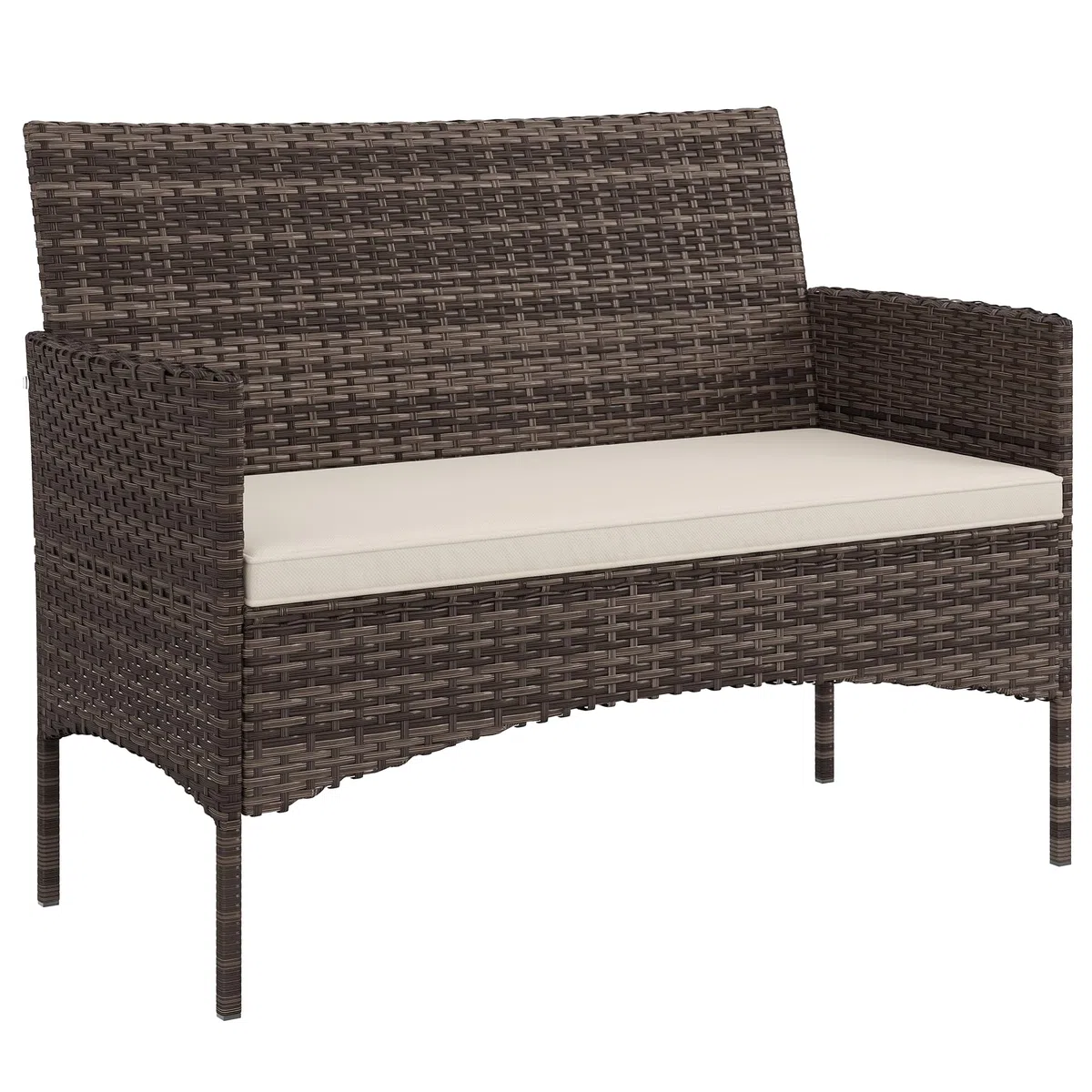 Outsunny Divano da Giardino in Rattan, 2 Posti, Divano da Esterno in PE Wicker con Cuscini e Tappetini Antiscivolo, Struttura in Acciaio per Balcone, Veranda, Giardino, Beige
