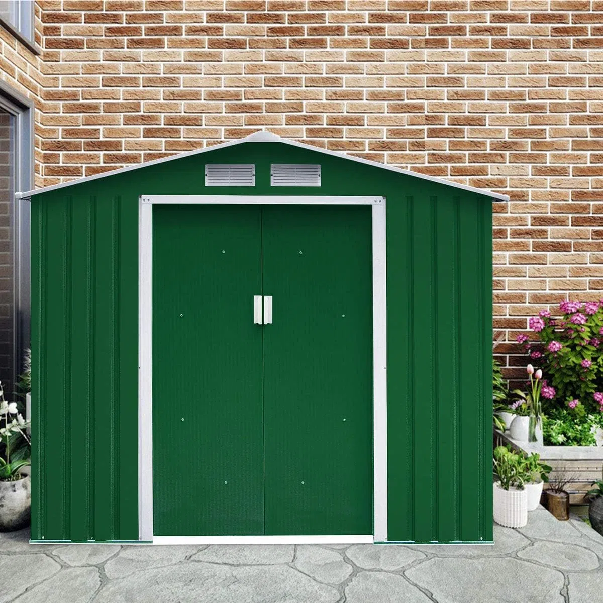 RELAX4LIFE Casetta da Giardino per Attrezzi, 213 x 127 x 185 cmin Lamiera d'Acciaio e e Lamiera Zincata con Doppie Porte Scorrevoli, Tetto Inclinato, per Porta Attrezzi, Tosaerba, Verde