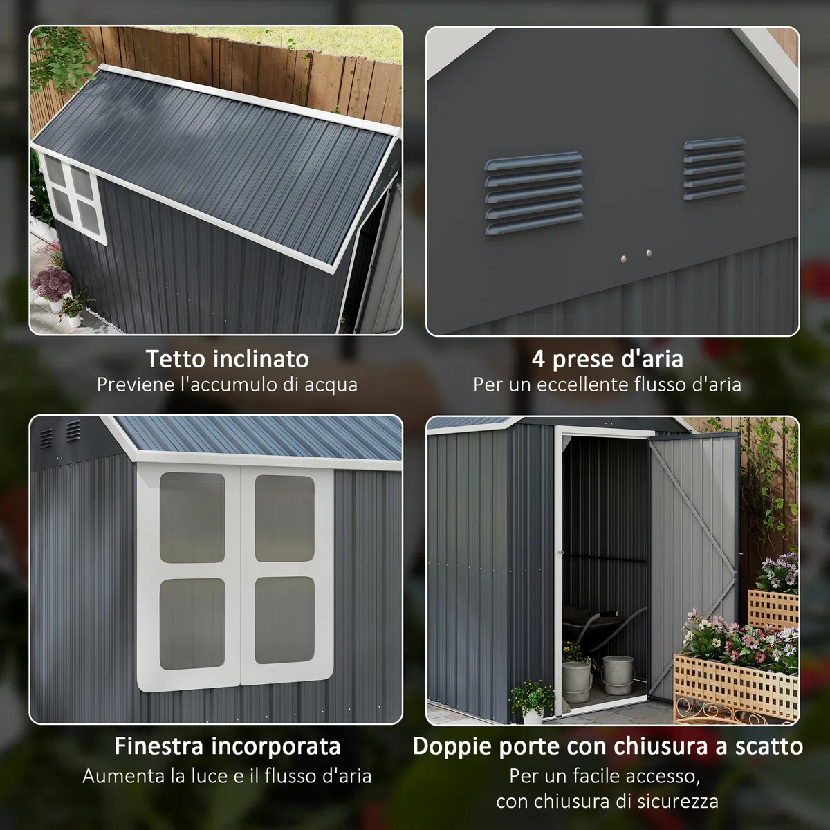 Outsunny Casetta da Giardino Porta Attrezzi in Acciaio Zincato e PP con 4 Prese d'Aria e Finestra, 259x171x222 cm, Grigia e Bianca