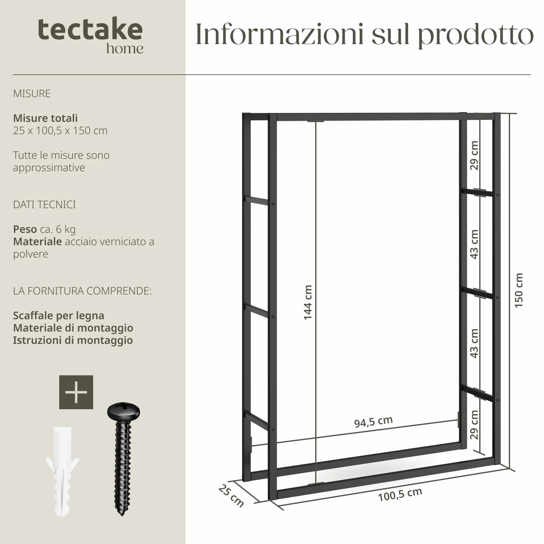 Tectake Scaffalatura Porta Legna Acciaio Verniciato Polvere 100,5x25x150 cm Nero