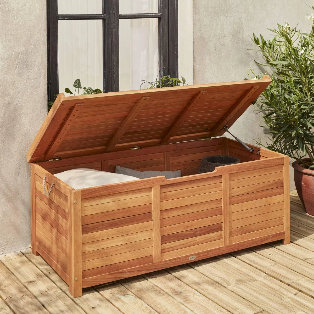 sweeek Cassapanca da Giardino in Legno 200L con martinetti Marrone Naturale - 125x60x96 cm