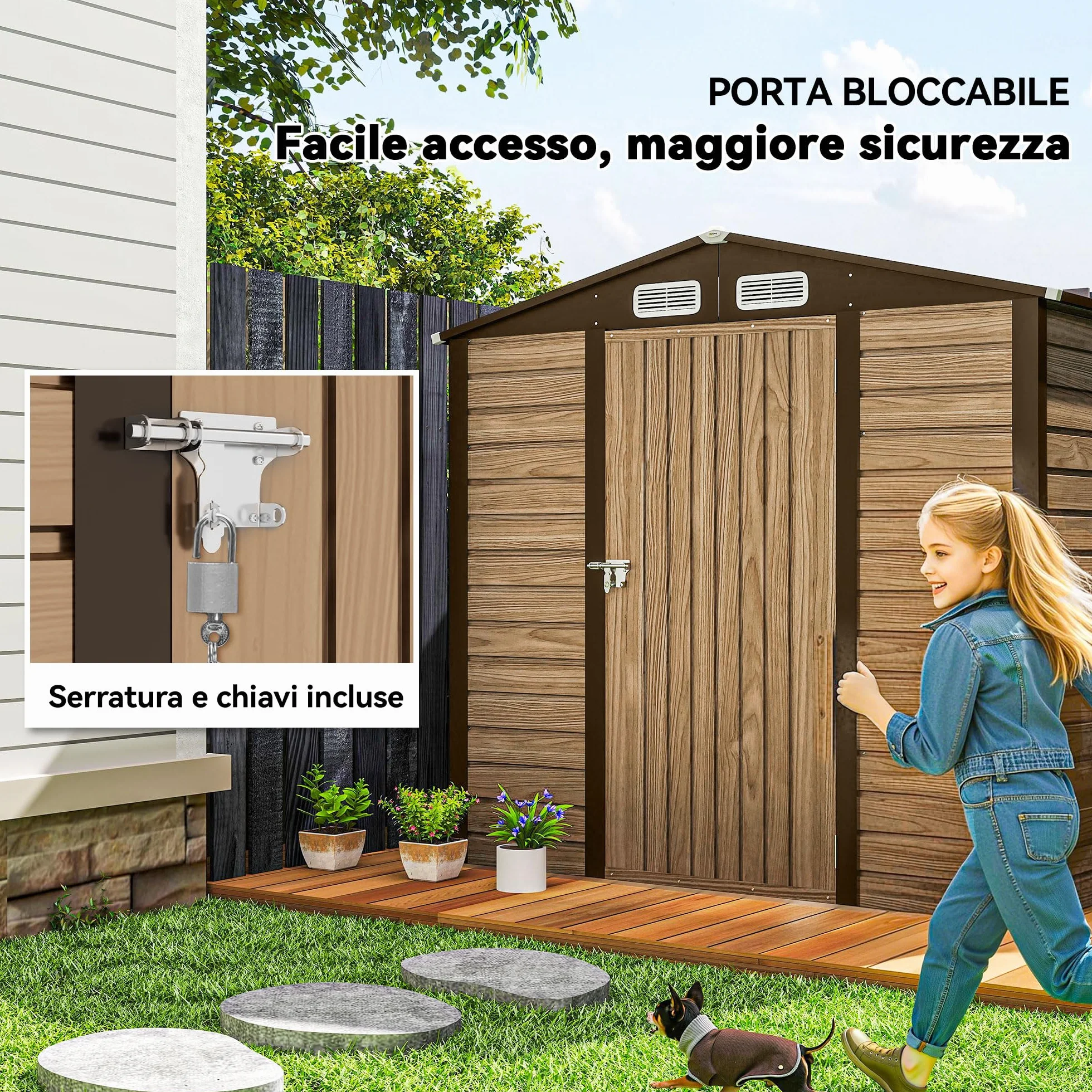 Outsunny Casetta da Giardino 1.9x1.3 m Acciaio Capanno Porta Attrezzi Lamiera Prese d'Aria Catenaccio Quercia