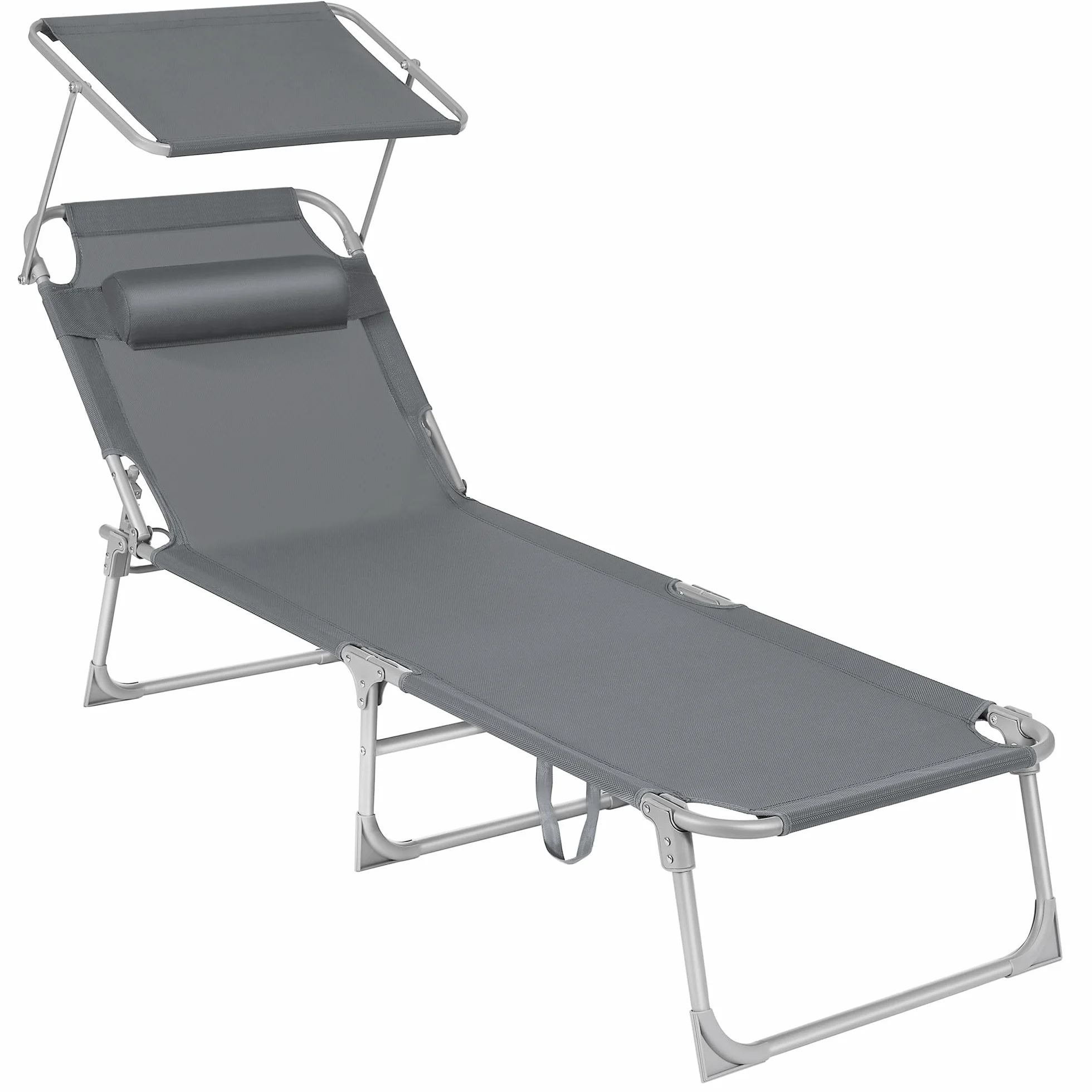 SONGMICS Lettino Prendisole Pieghevole 193x53x29 cm Max Portata 150 kg Poggiatesta Parasole Schienale Reclinabile Grigio Scuro