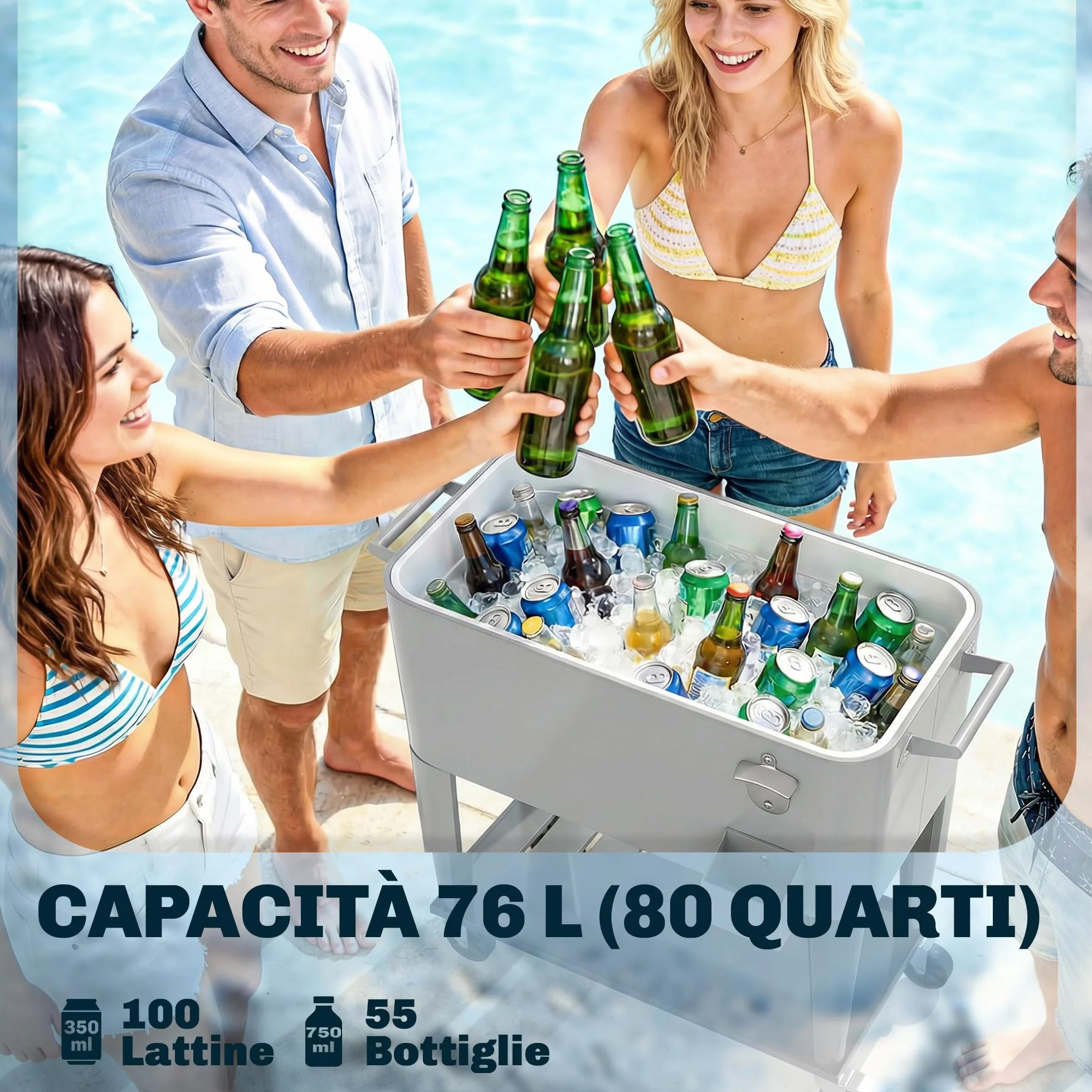 Outsunny Ghiacciaia da Giardino 76L, Carrello Portavivande con Ripiano, Apribottiglie, Ruote Bloccabili, Argento
