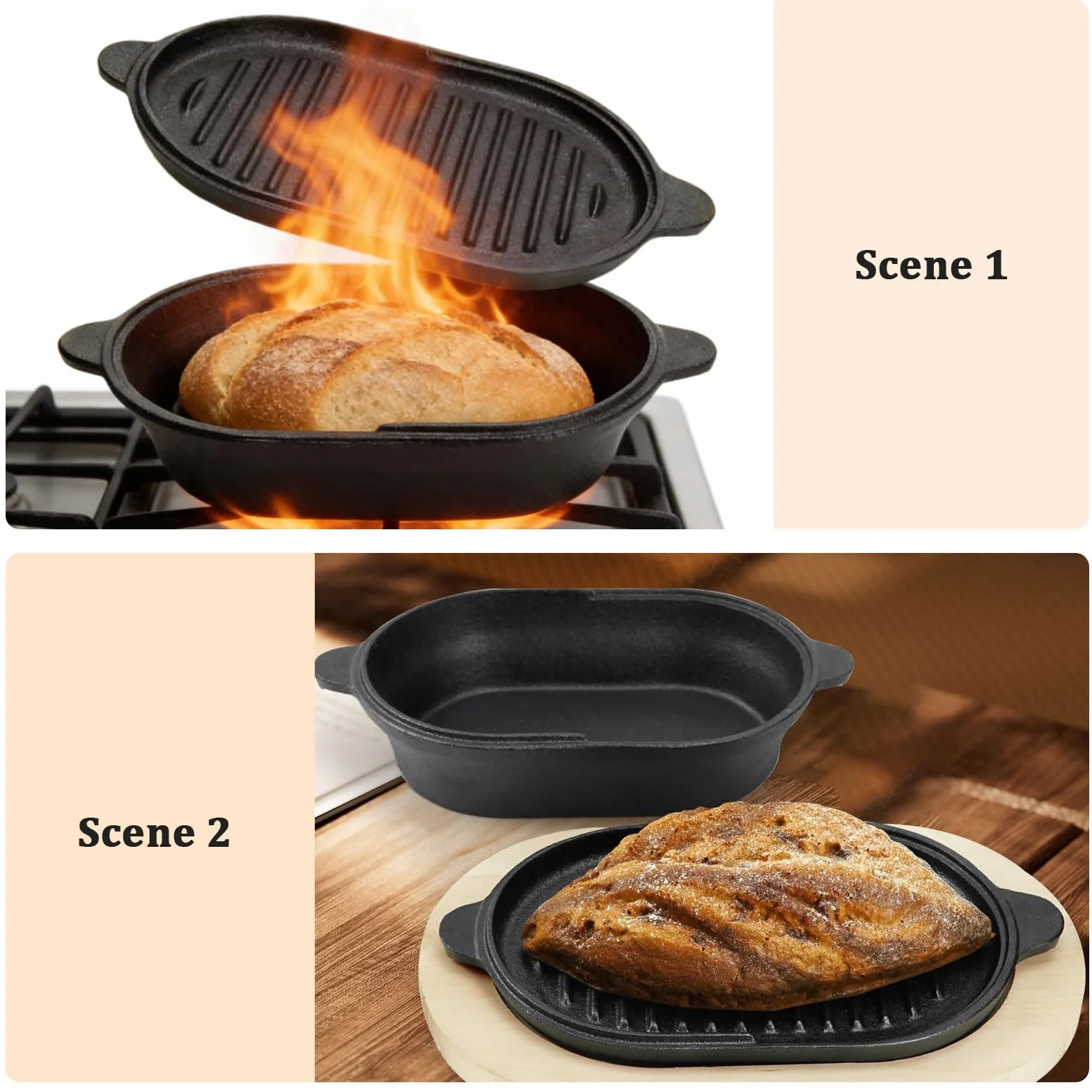 Pentola 2 in 1 in ghisa olandese, ovale 28 cm, grande padella in ghisa per cuocere il pane, pane e forno in ghisa con coperchio per cuocere a vapore, grigliare, zuppe, tostare, forno