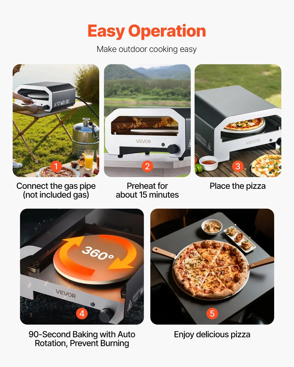 VEVOR Forno per Pizza da Esterno, Macchina per Pizza Portatile a Gas Propano 406 mm, Rotazione Elettrica, Pietra Spessa