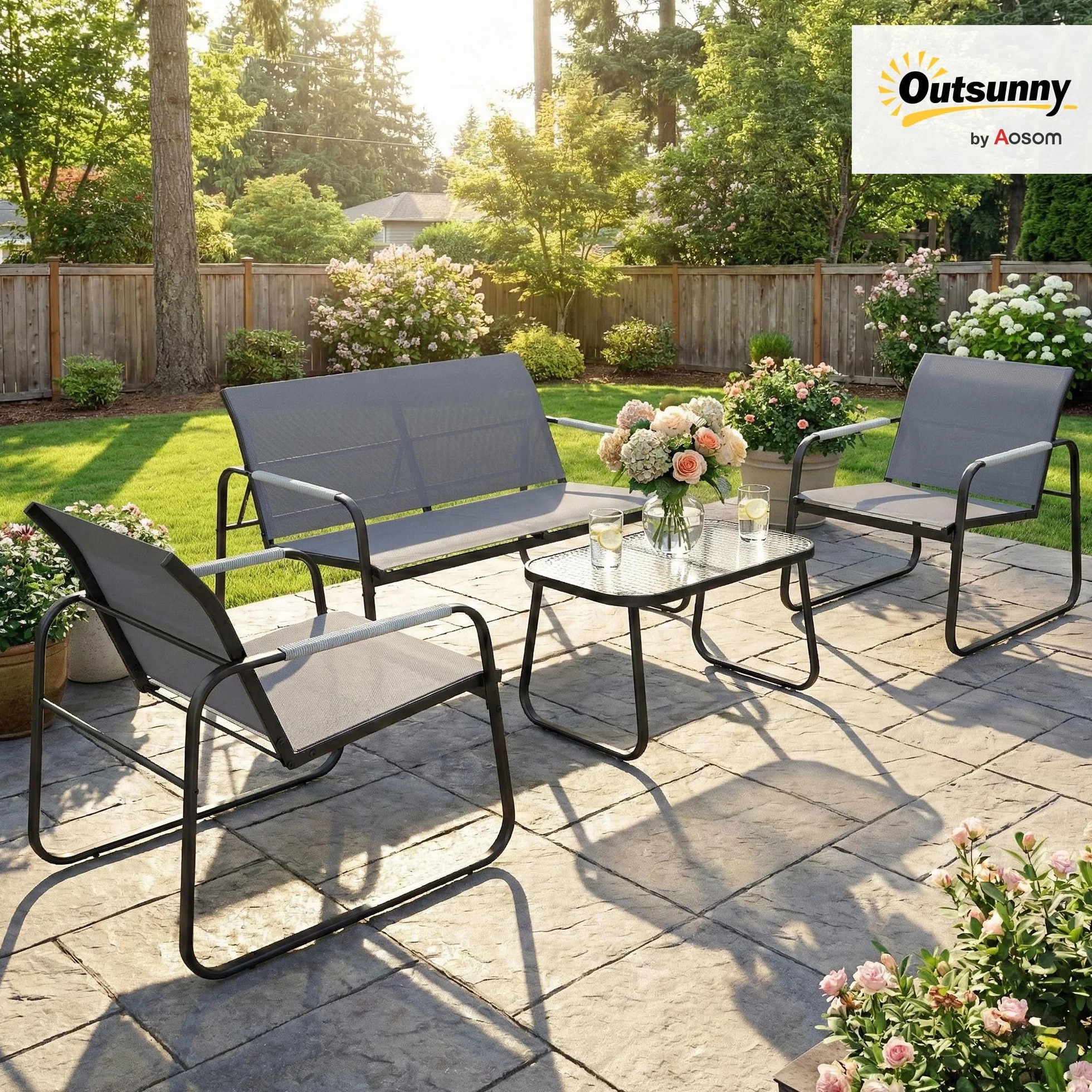 Outsunny Set Salotto da Giardino 4 Pezzi, Mobili da Giardino in Texteline con Tavolo in Vetro Temperato, Acciaio, Grigio