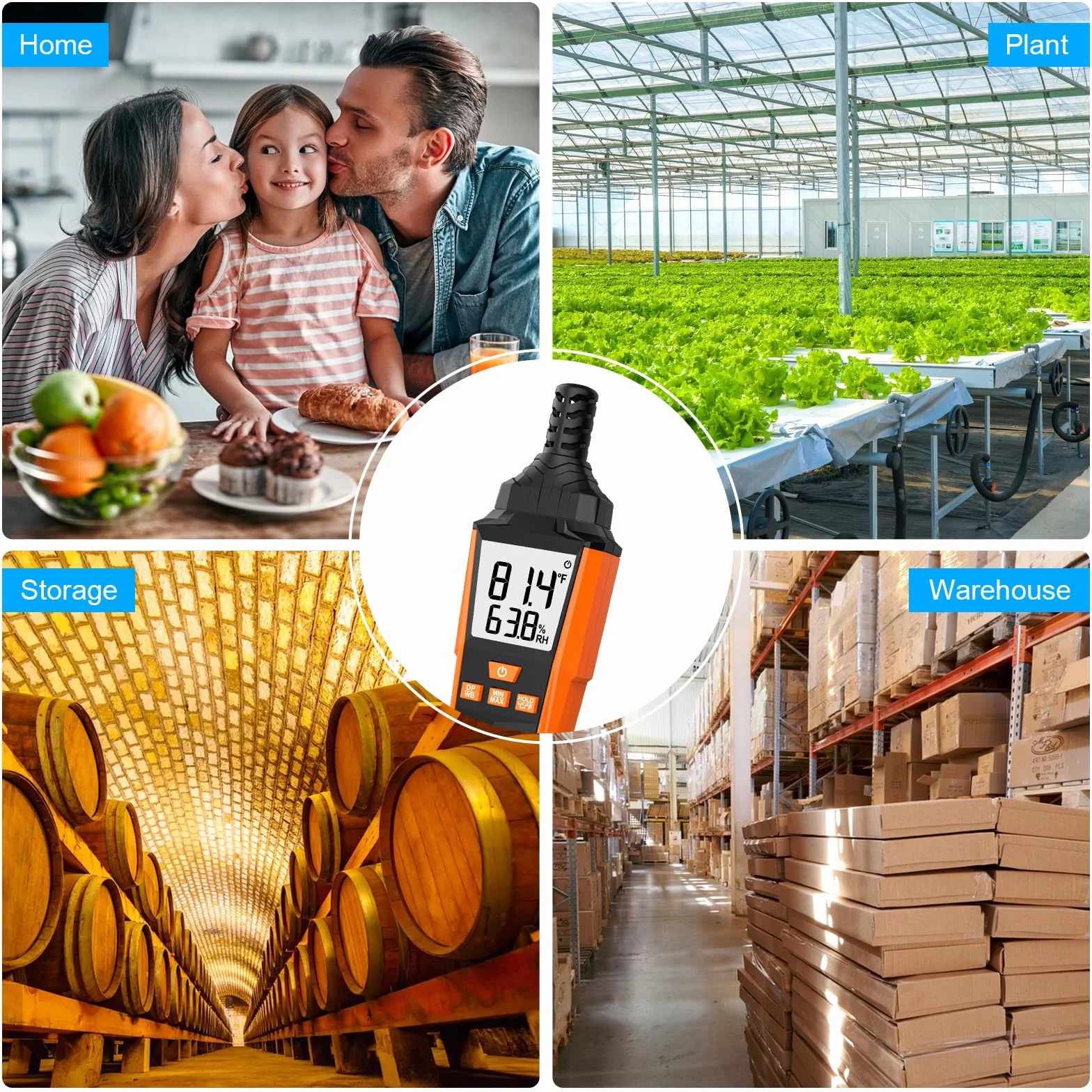 Termometro Igrometro MESTEK, Digitale Termo-Igrometro Interno Esterno, Misuratore di Umidità e Temperatura, Punto di Rugiada e Bulbo Umido Temp, Portable per Casa Ufficio Industria Agricoltura
