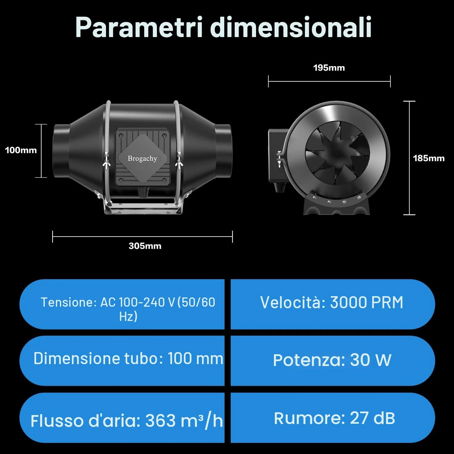 Ventola Aspiratore Regolabile 100mm 365 m³/h 3000 RPM EC Motore Trifase