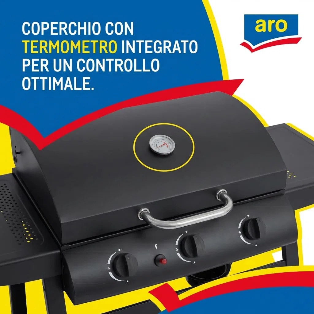 aro Barbecue a Gas 3 Bruciatori Acciaio Nero con Termometro Tavolini Laterali