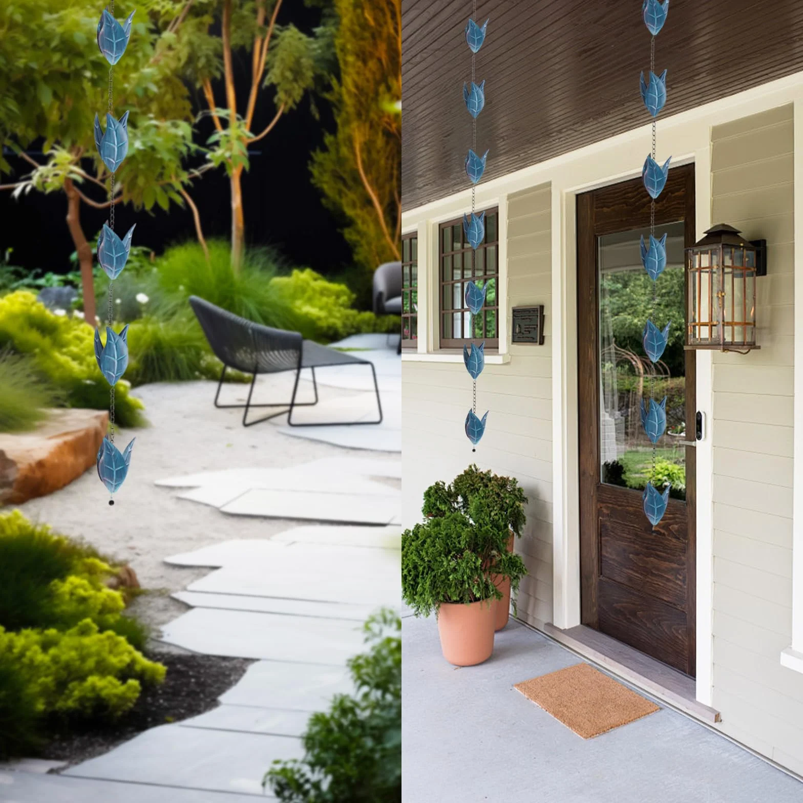 Catena della Pioggia del Metallo 2.6m, Catena Di Drenaggio Della Catena a Forma di Foglia Blu, deviatore per acqua piovana per esterni, Decorazione Giardino e all'aperto per grondaie, Eaves Drainage