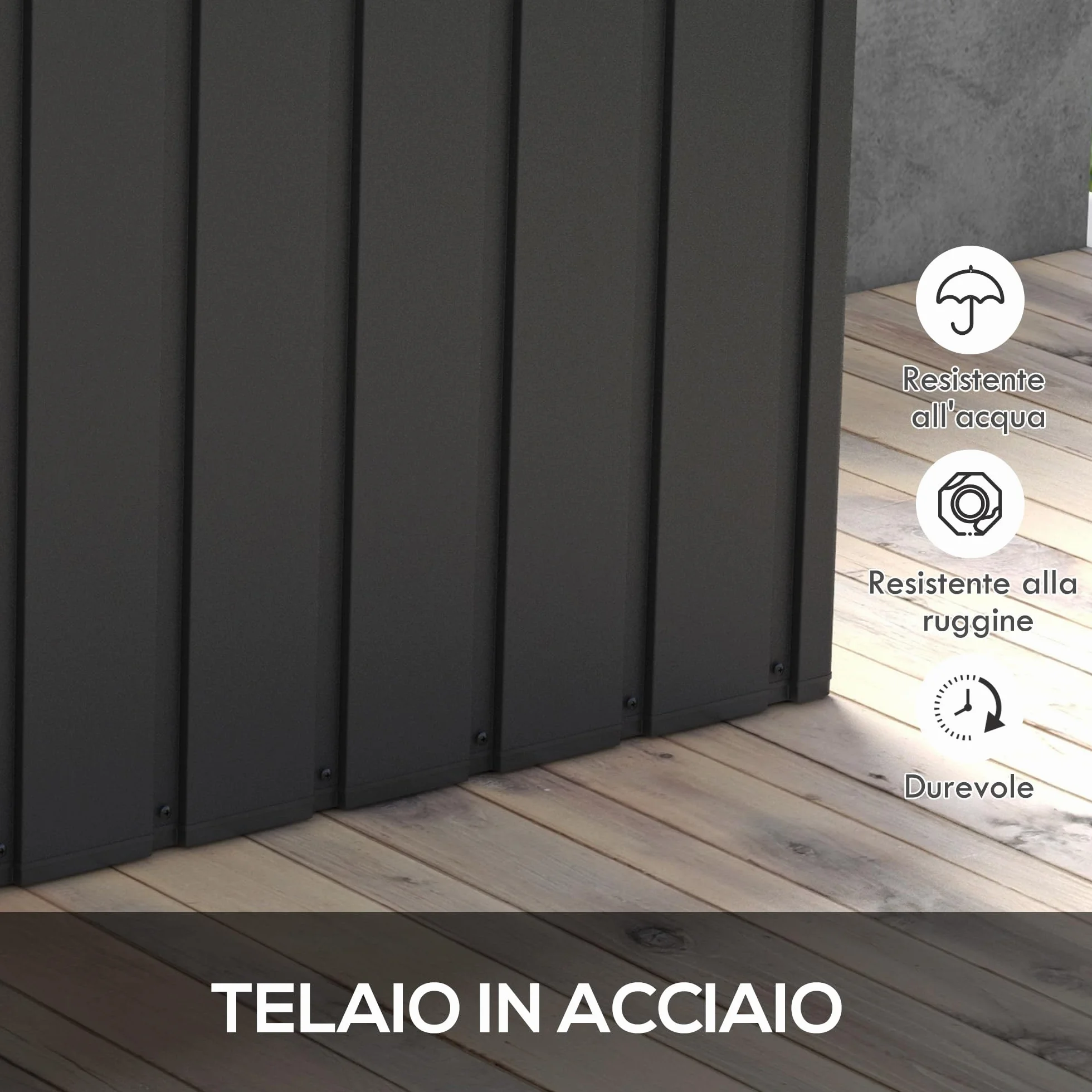 Outsunny Panca Contenitore da 450L con 4 Rotelle, Acciaio e PP, 125.5x61.5x70 cm, Grigio Scuro