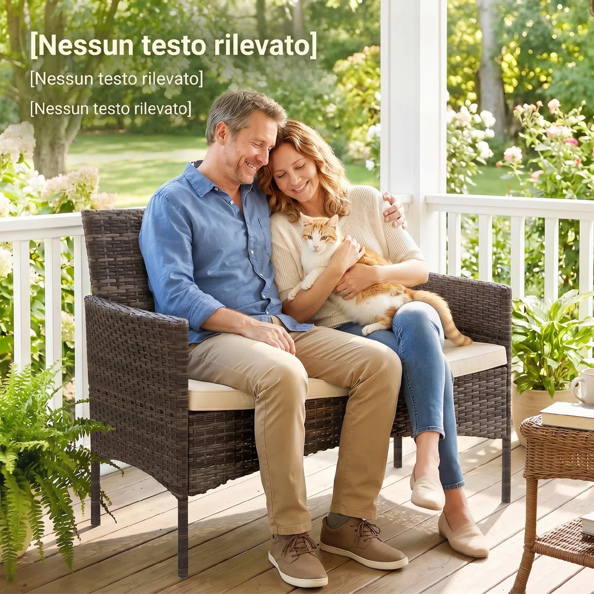 Outsunny Divano da Giardino in Rattan, 2 Posti, Divano da Esterno in PE Wicker con Cuscini e Tappetini Antiscivolo, Struttura in Acciaio per Balcone, Veranda, Giardino, Beige