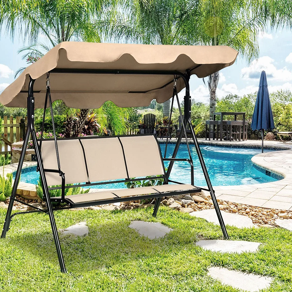 GIANTEX Dondolo da Giardino, a 3 Posti, Tetto di Ricambiabile, Telaio in Metallo e Texteline, con Copertura Anti-UV e Anti-Acqua, Arredo per Esterno, 173x119x152 cm, 2 Colori (1)