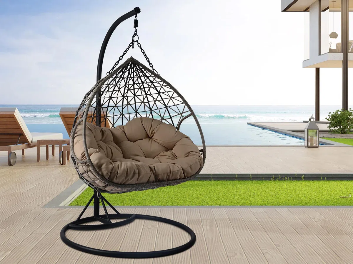 Poltrona Sospesa Lita XL – Poltrona a Uovo da Esterno in Rattan PE, Sedia Sospesa con Cuscini Imbottiti, Struttura in Acciaio, per Giardino e Terrazzo