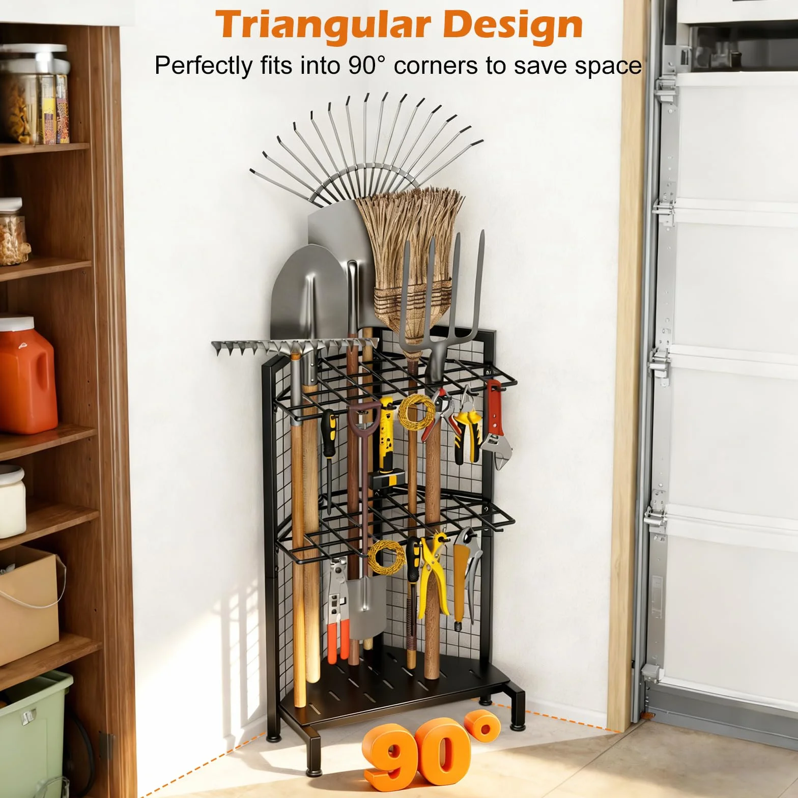 Porta Attrezzi da Giardino,Organizer per Attrezzi da Giardino,Supporto Metallo con 3 Livelli e Ruote, Conservazioneper Fino a 35 Attrezzi/Scope/Rastrelli a ManicoLungo