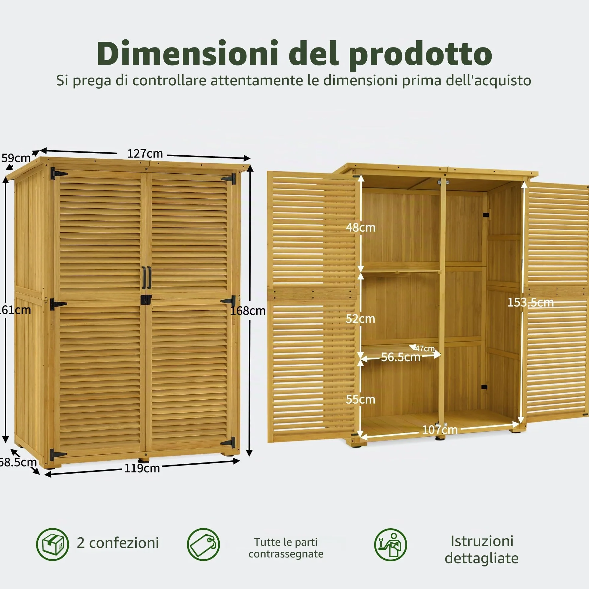 M MCombo armadio da giardino in legno, casetta da giardino piccola resistente alle intemperie, casetta per attrezzi da esterno, per area esterna balcone terrazza, 59×129×168 cm, 0901D-1 (natura)