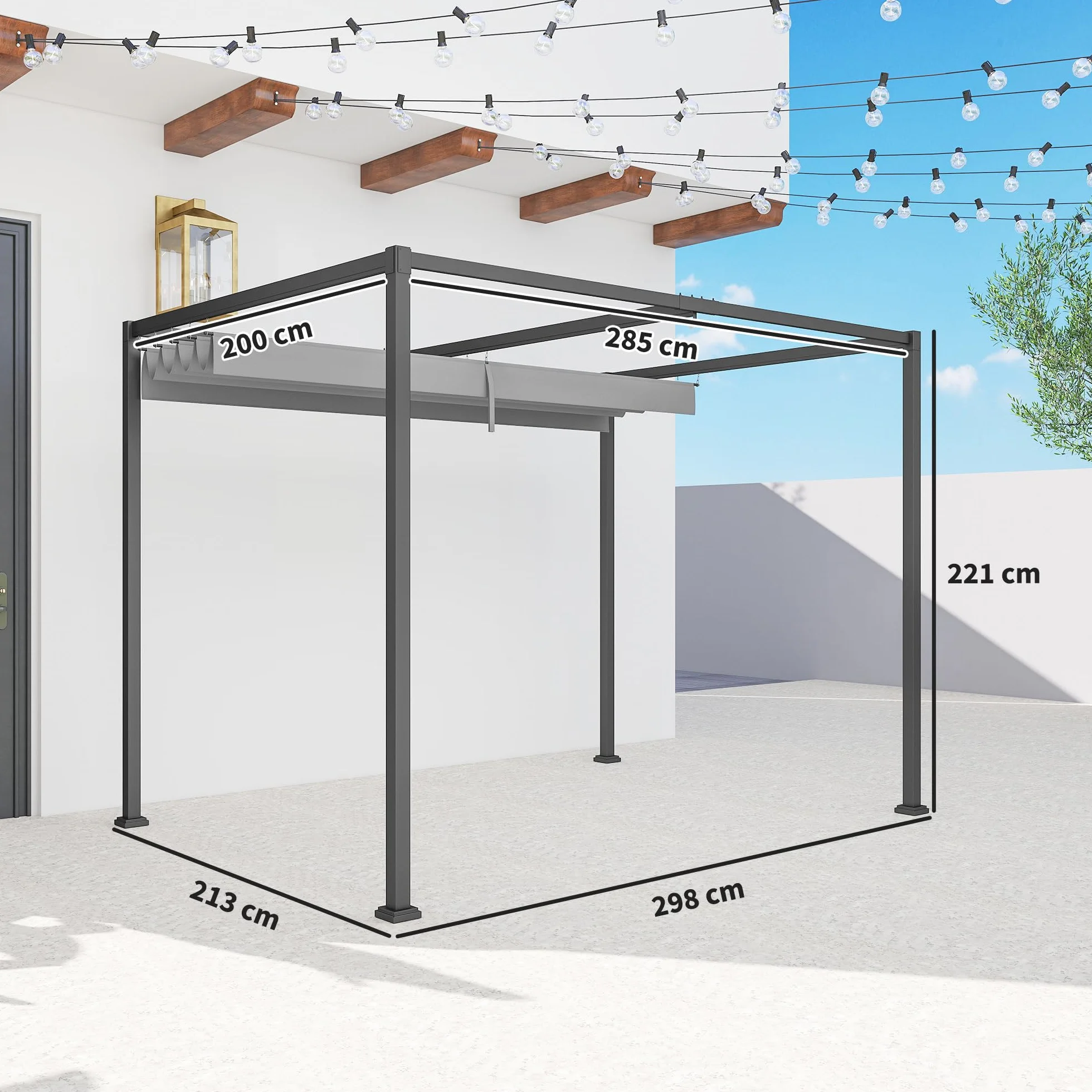 Outsunny Gazebo Pergola 3x2 m con Tettuccio Retrattile, Drenaggio, Picchetti e Viti, Poliestere e Metallo, Grigio