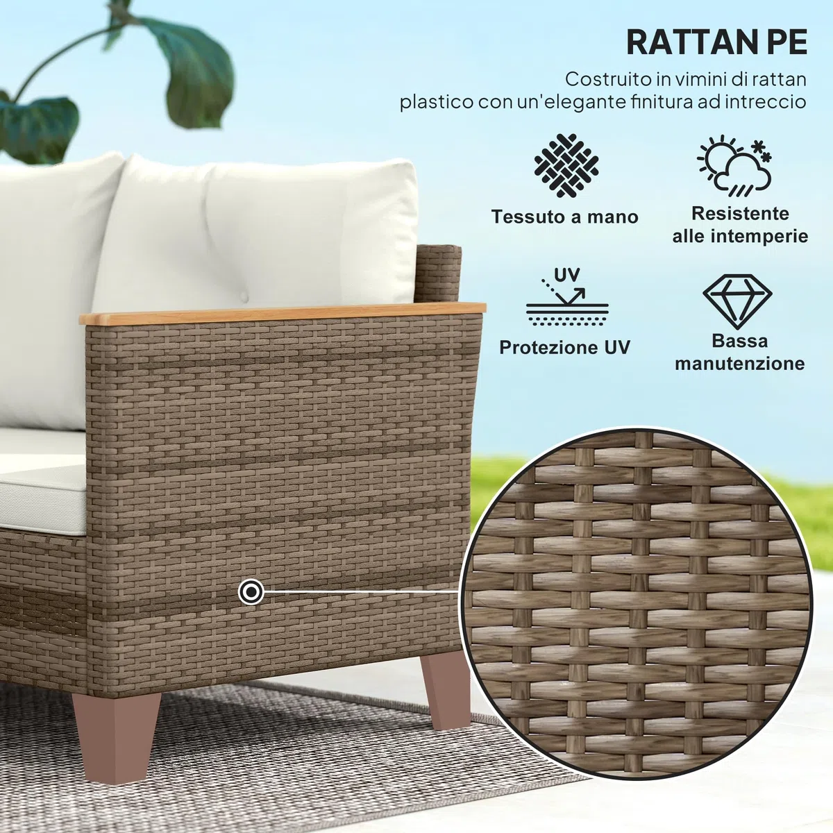 Outsunny Set di Mobili da Giardino in Rattan 3 Pezzi, Salotto da Esterno con Divano a 2 Posti, Chaise Longue, Tavolino da Caffè in Vetro e Cuscini Lavabili, Struttura in Acciaio, Cachi/Crema