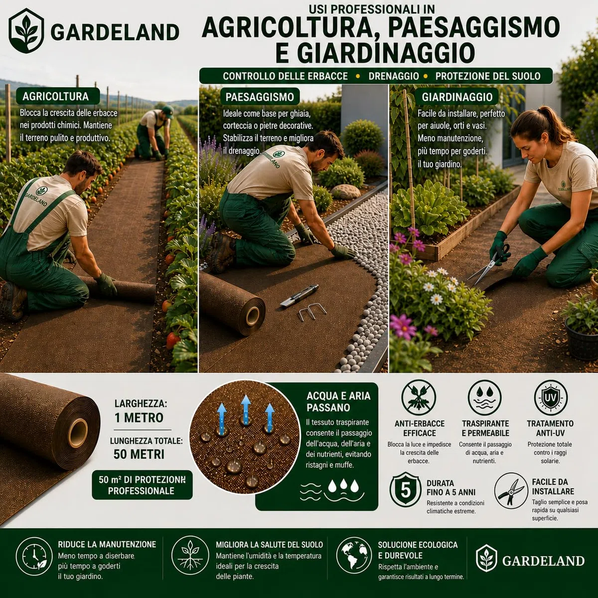 Telo Pacciamatura Marrone Premium 50m x 1m 90g/m2 Anti Erbacce Trattamento UV Resistente alle Intemperie Made in EU
