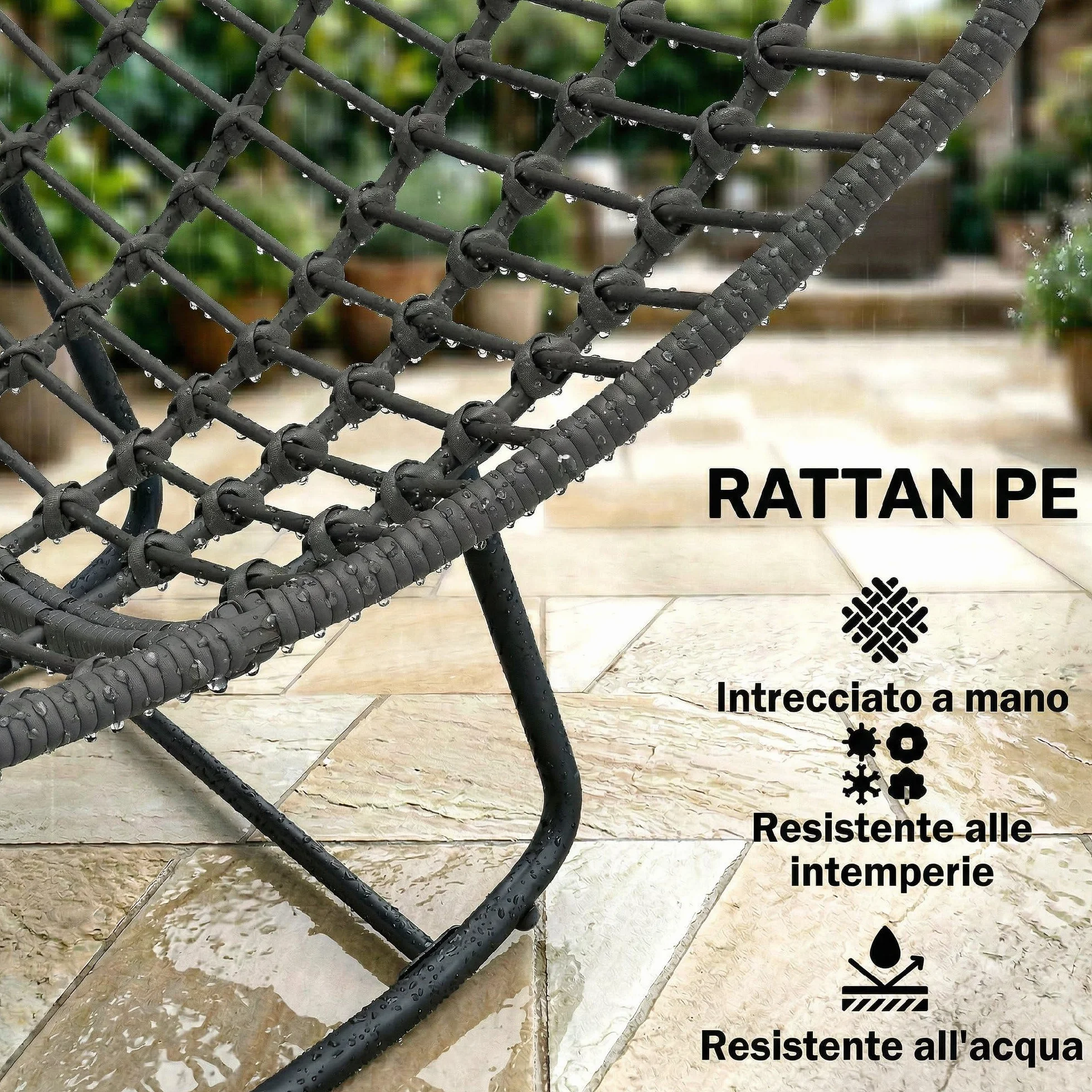 Outsunny Sedia a Dondolo in Rattan Oversize con Cuscino, Struttura Metallo Zincato, Max 120 kg, Grigio Scuro