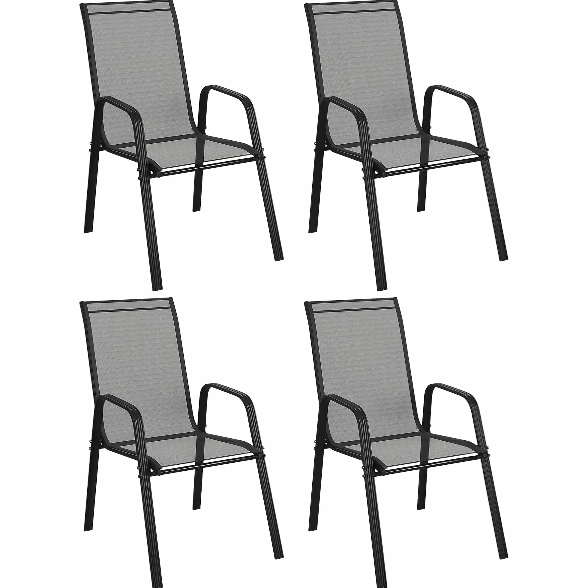 Outsunny Set 4 Sedie da Giardino Impilabili con Braccioli in Metallo e Texteline Impermeabile, 54x75.5x95cm, Nero