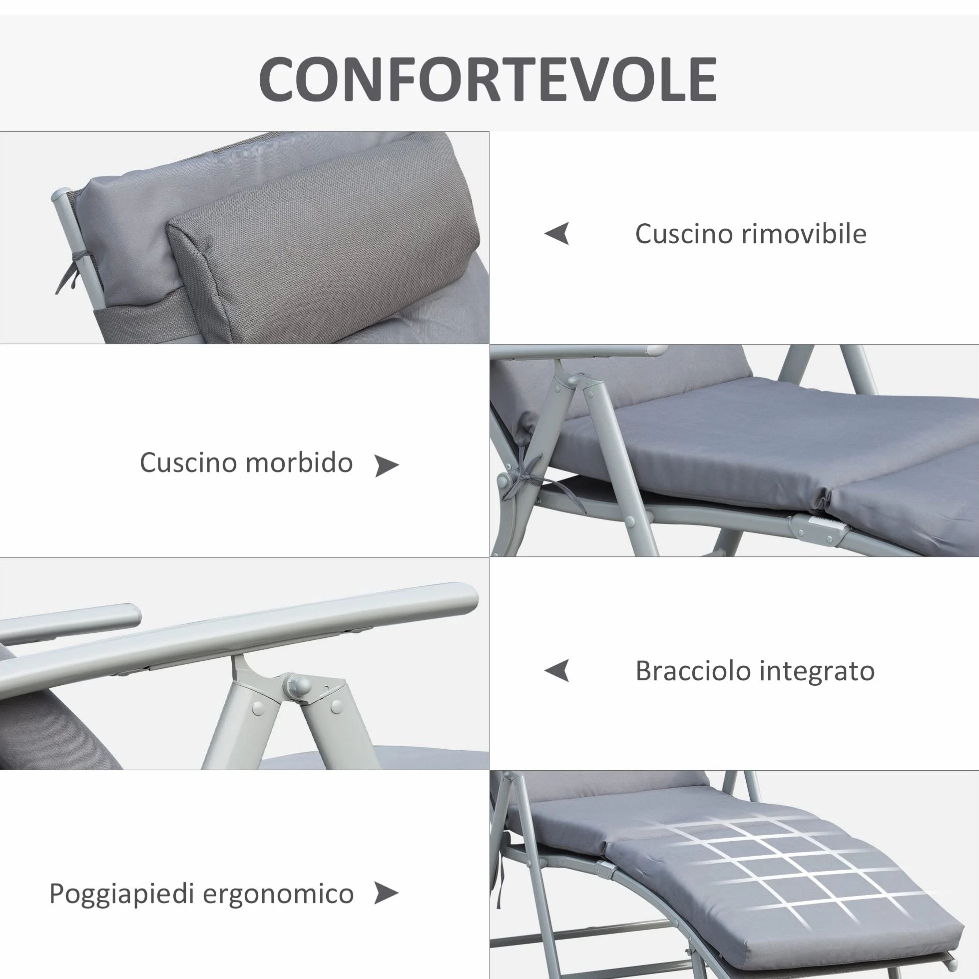 Outsunny Sdraio da Giardino Pieghevole 137x63.5x100.5cm Grigio con Materassino e Cuscino