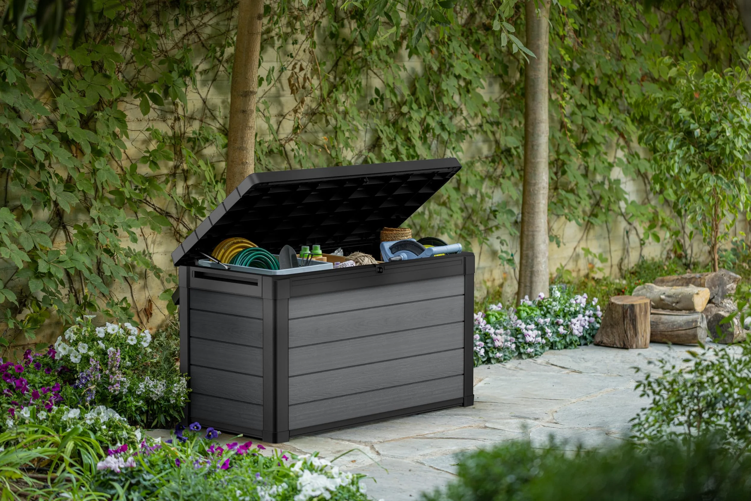 Keter Cortina 100G Baule da Giardino 380L Effetto Legno Grigio 122,9x62,1x70,6H cm